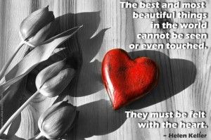 Bouquet of flowers with red heart and quote