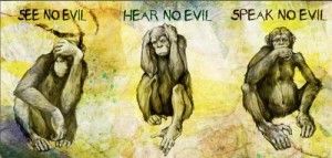 Three monkey sitting each with eyes, mouth, and ears closed by hands.