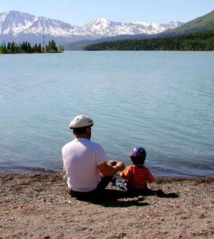 Father and son enjoying fishing at lake