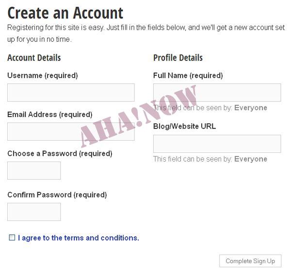 Registration form at Aha!NOW for membership
