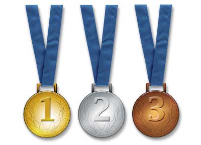 Three medals placed in line - gold, silver, and bronze