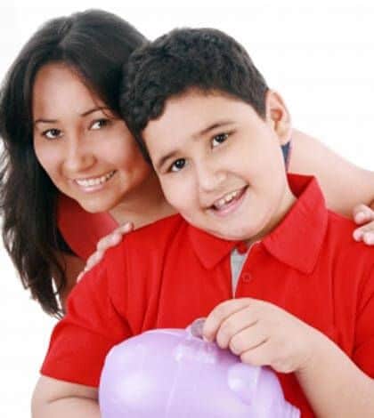 Mother teaching child how to live frugally by saving