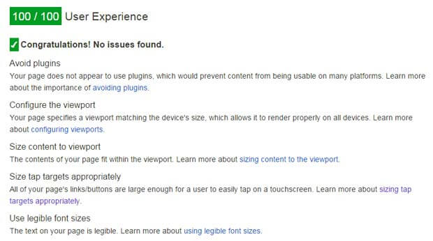 Google mobile-friendly test result shows 100% user experience
