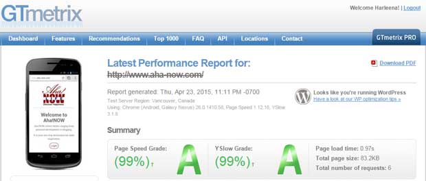 GTmetrix speed test for Aha!NOW