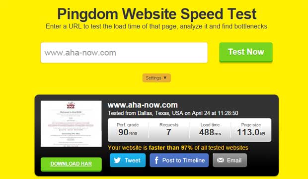 Pingdom website speed test result for Aha!NOW