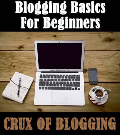 Image of laptop, notepad, pen, mobile, and coffee on table as basics of blogging