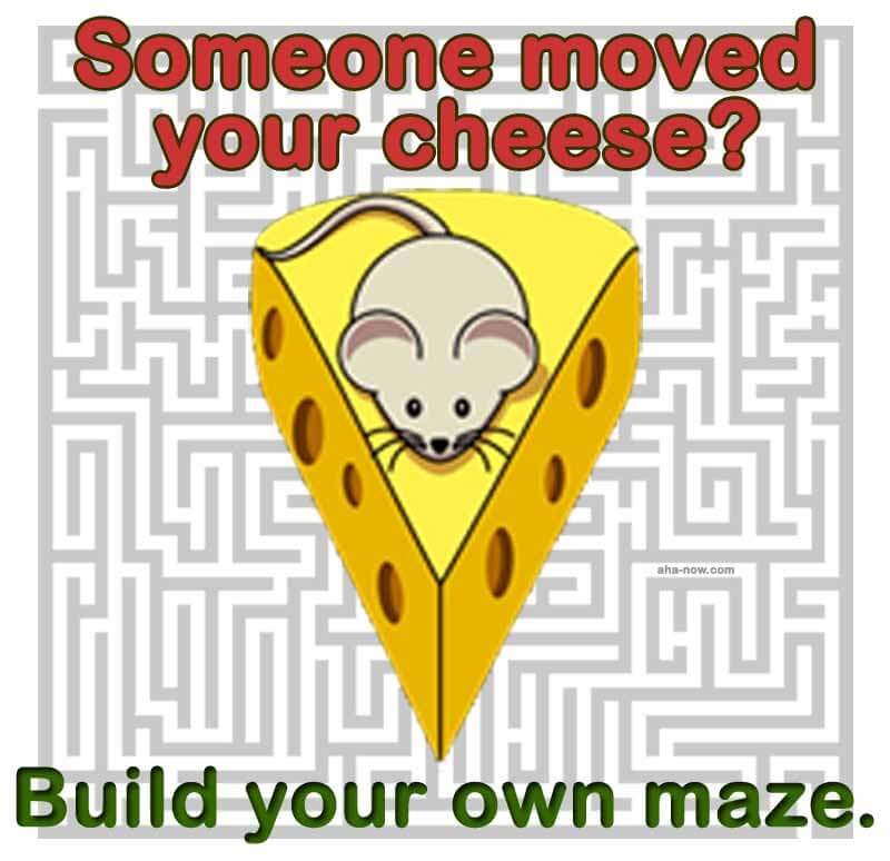 Mouse siting over a cheese piece in a maze.