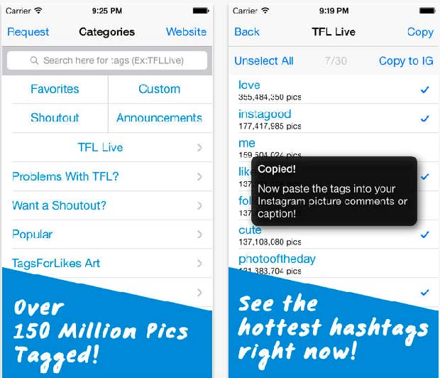 Screenshot of Tags for likes App