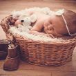 A newborn baby boy in a basket with birthday gifts