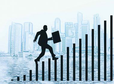 Clip-art of man with briefcase in hand climbing the corporate ranks ladder