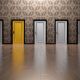 Many white doors with one yellow door signifying career choice among many options